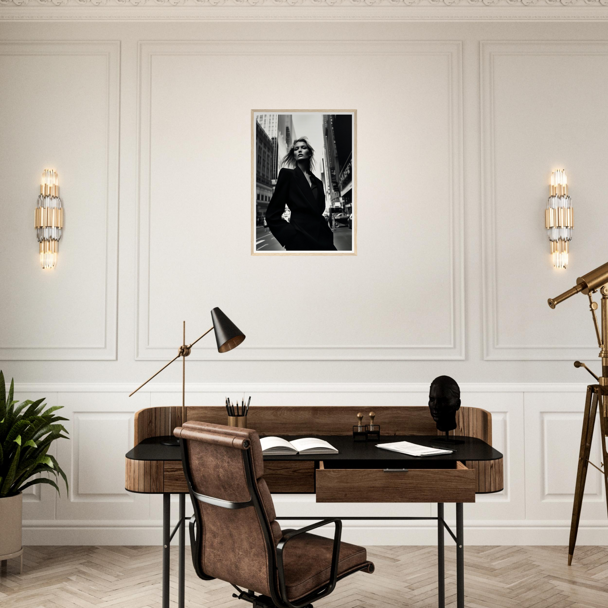 Wooden desk with a leather chair in a mid-century modern style.