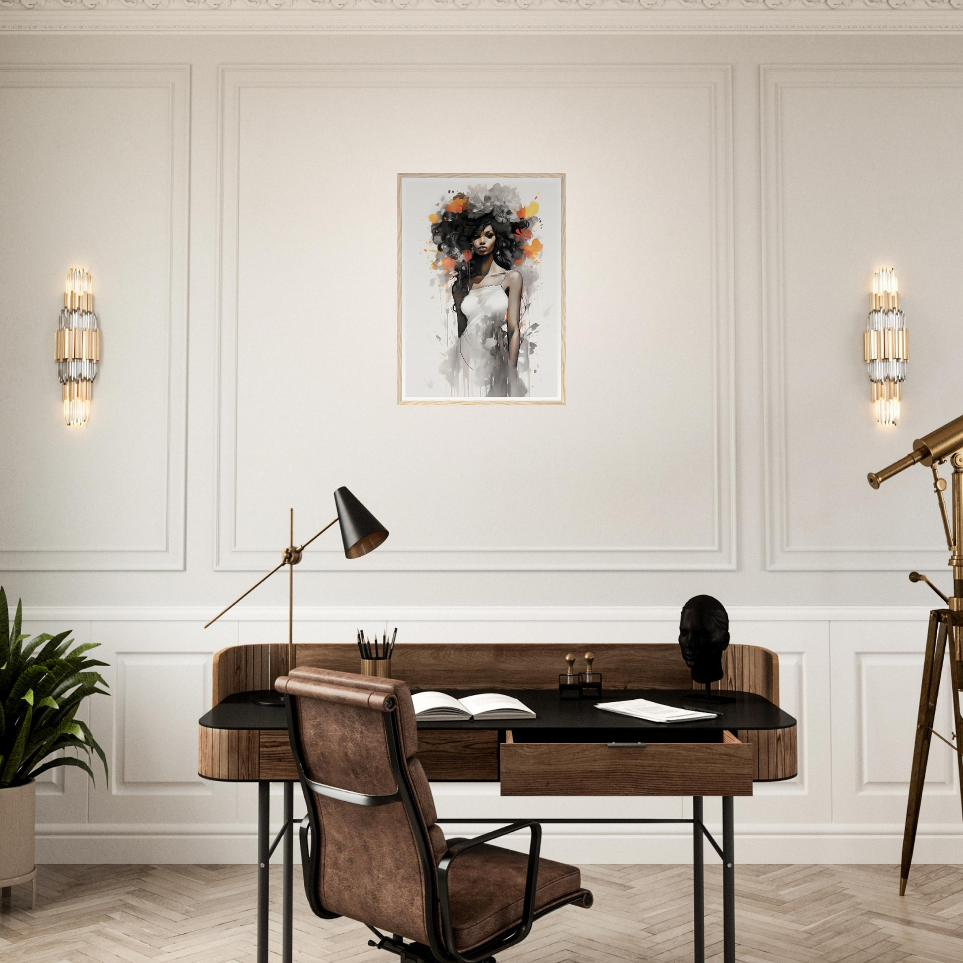 Wooden desk with leather chair in a mid-century modern style.