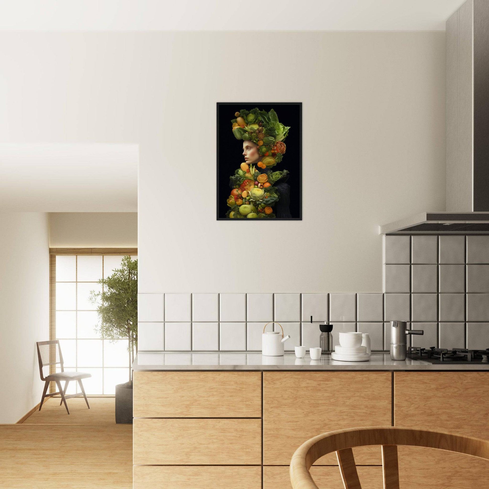 Kitchen interior featuring a framed artwork of a face composed of fruits and vegetables on the wall.