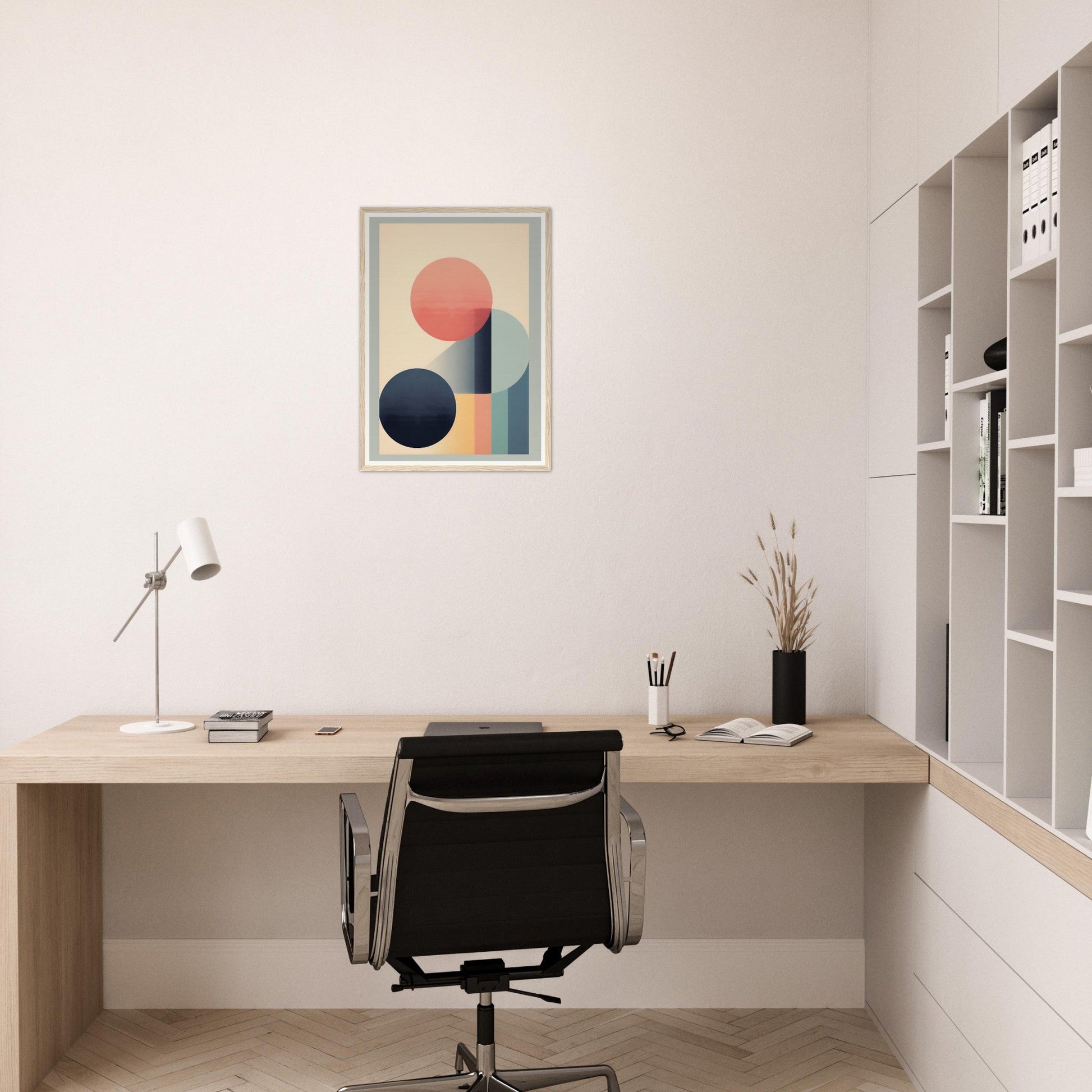 Minimalist wooden desk with a black office chair in a home office setting.