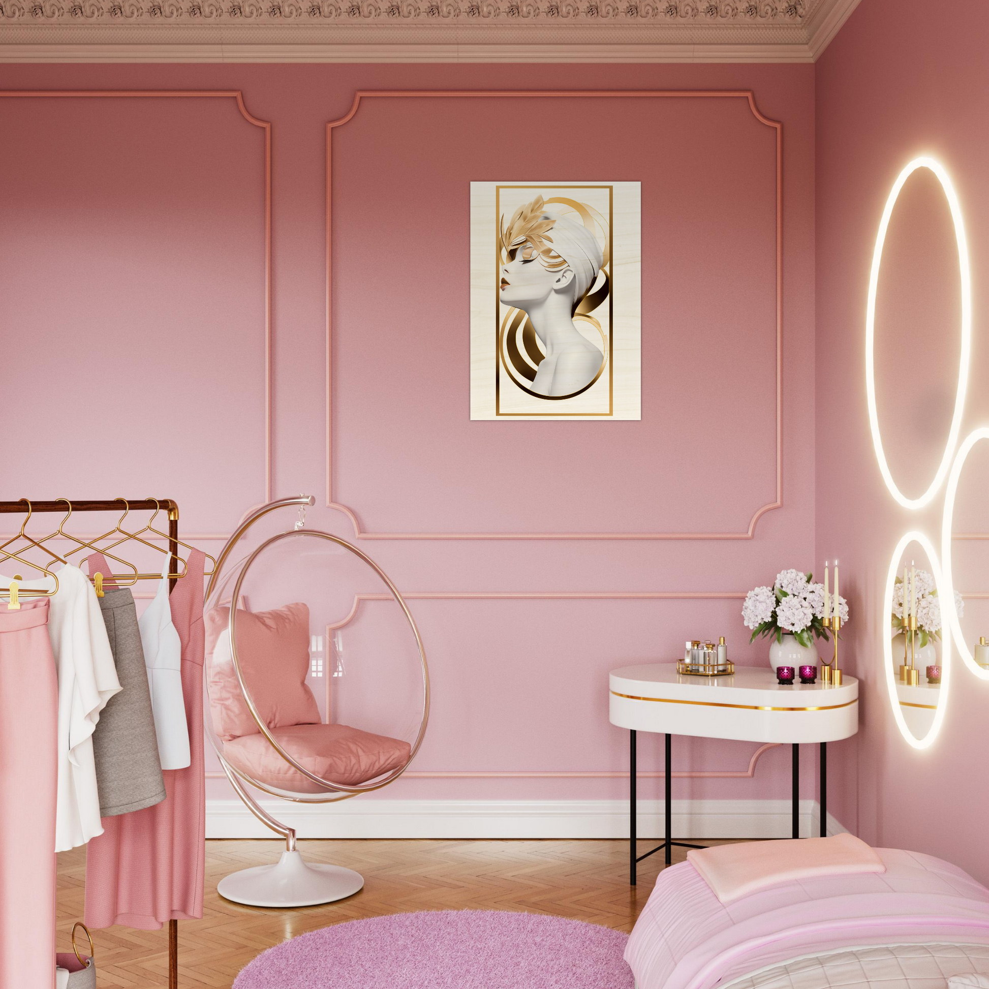 Pink bedroom with feminine decor and modern accents.