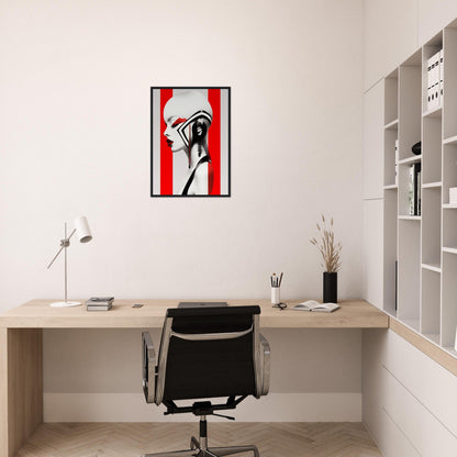 Minimalist home office workspace with a wooden desk, black chair, and striking red and black artwork on the wall.