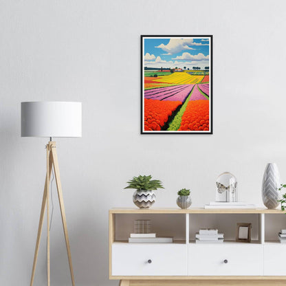 Colorful framed painting of vibrant tulip fields stretching to the horizon.