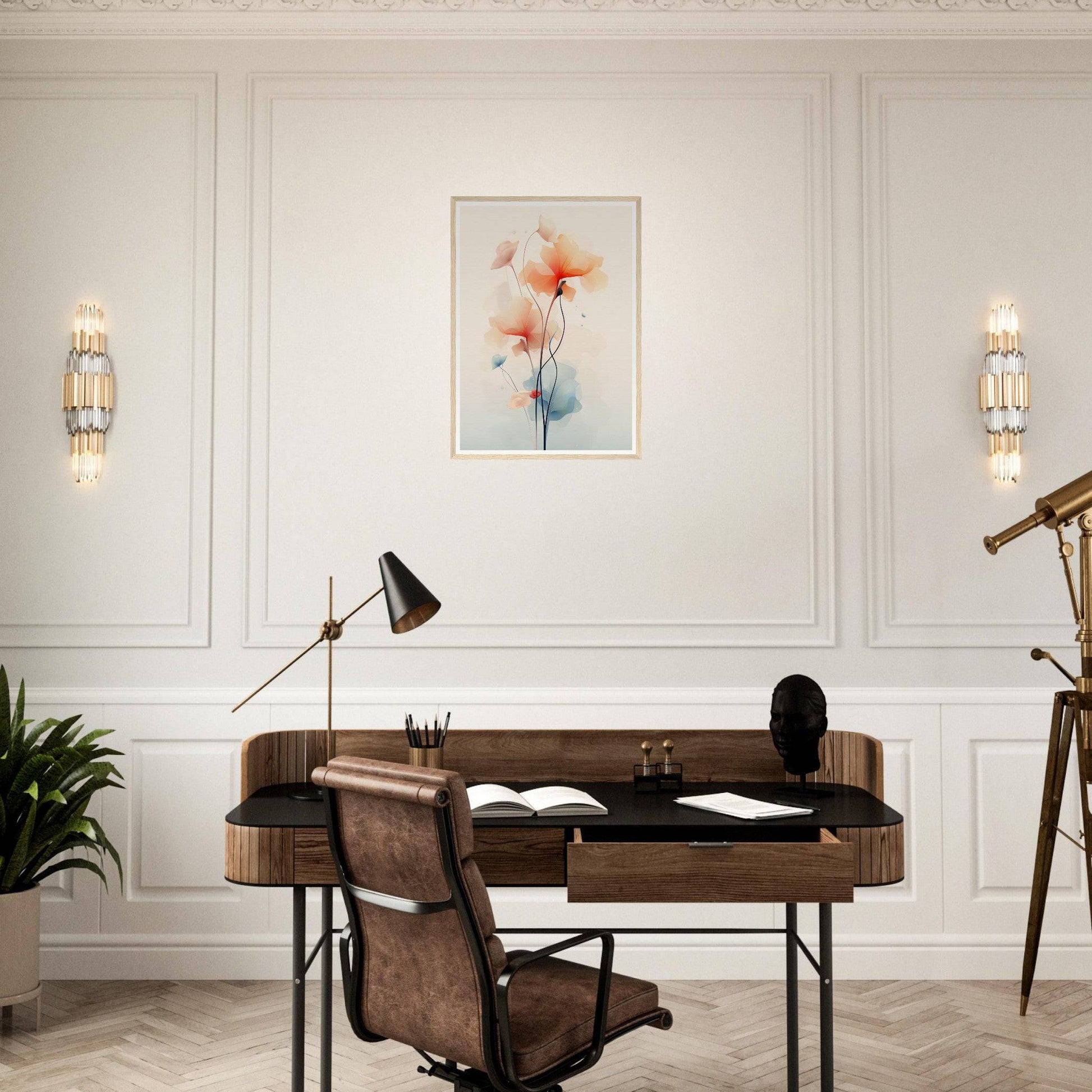 Wooden desk with a leather chair in a home office setting.