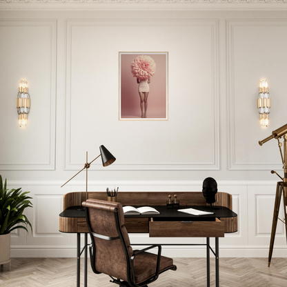 Elegant wooden desk with a leather chair in a home office setting.