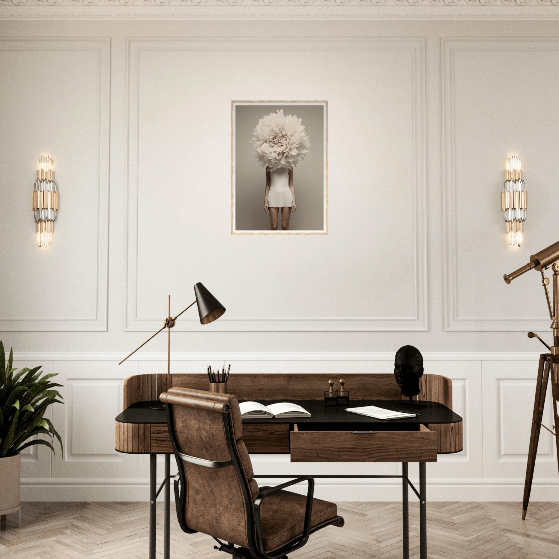 Elegant home office desk with a leather chair and task lamp.