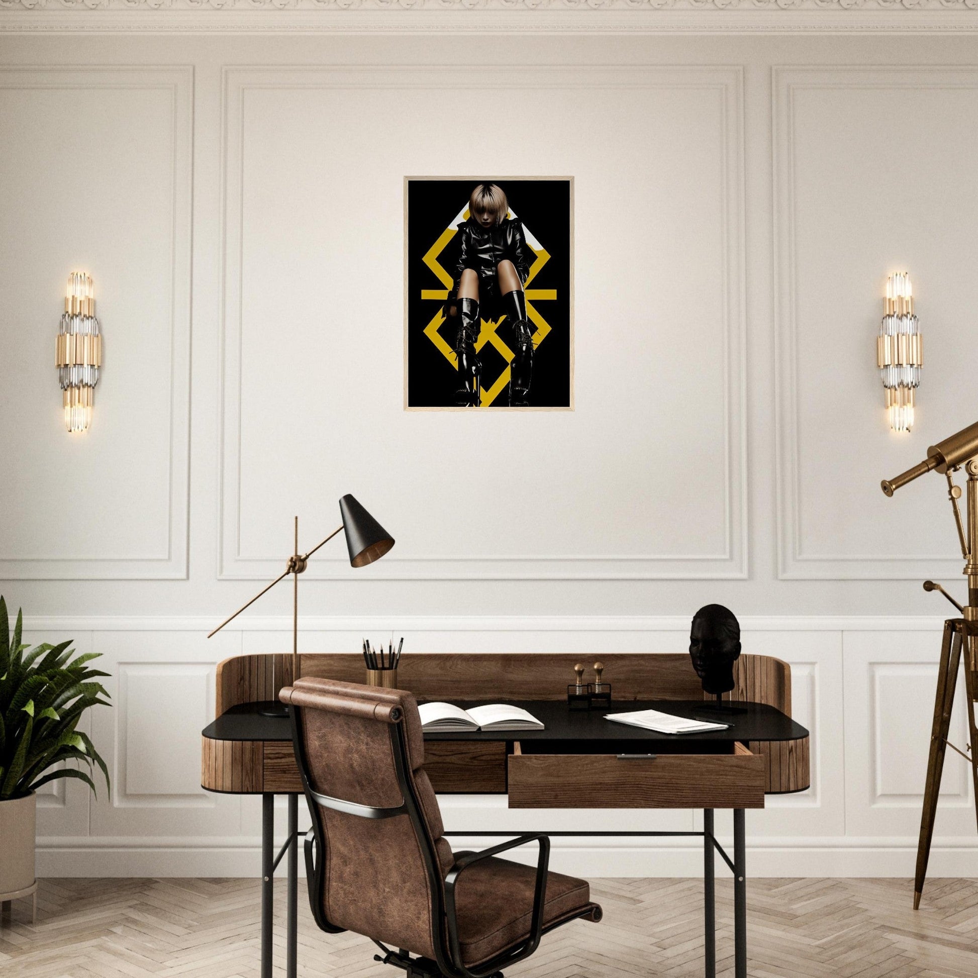 Stylish home office desk with a leather chair and decorative wall art.