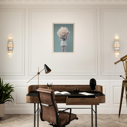 Wooden desk with a leather chair in a home office setting.