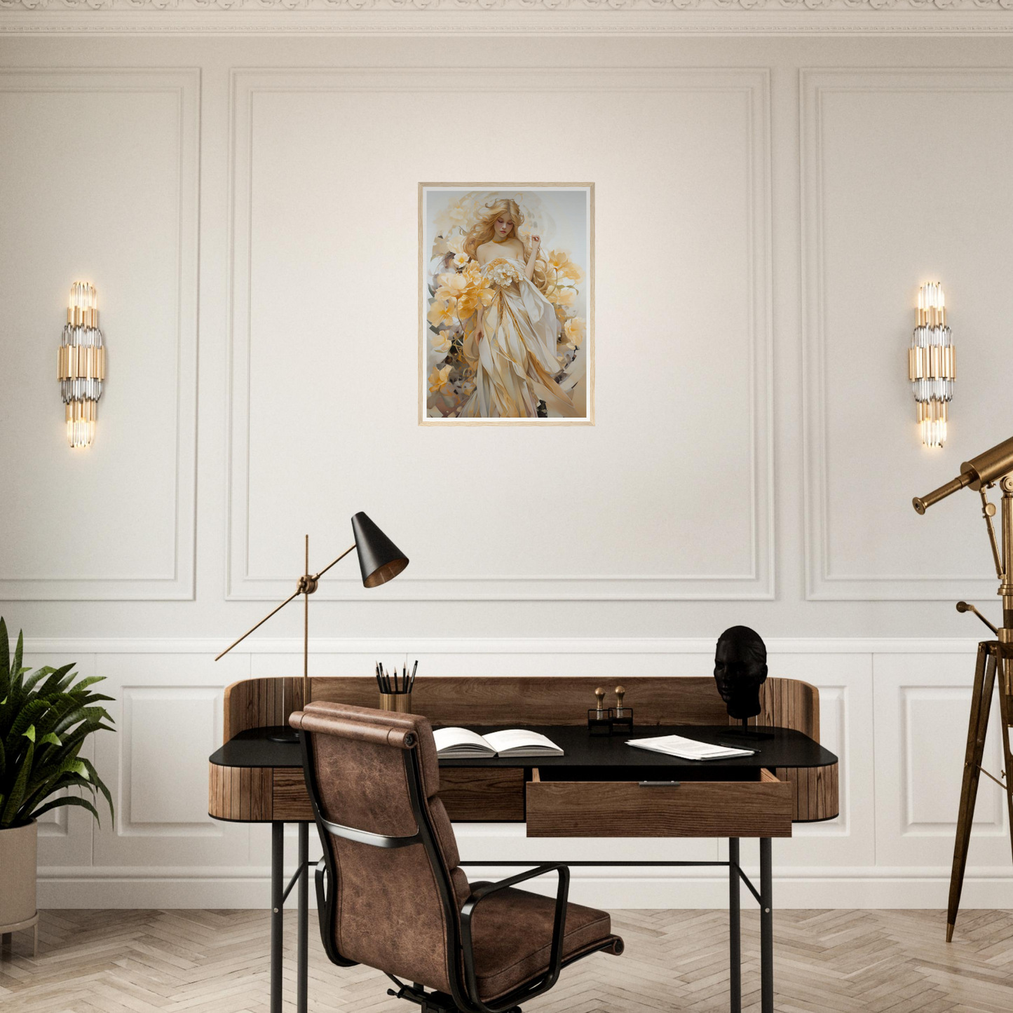 Wooden desk with a curved front and leather chair in a home office setting.