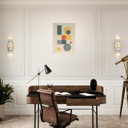 Wooden desk with leather chair in a mid-century modern style.