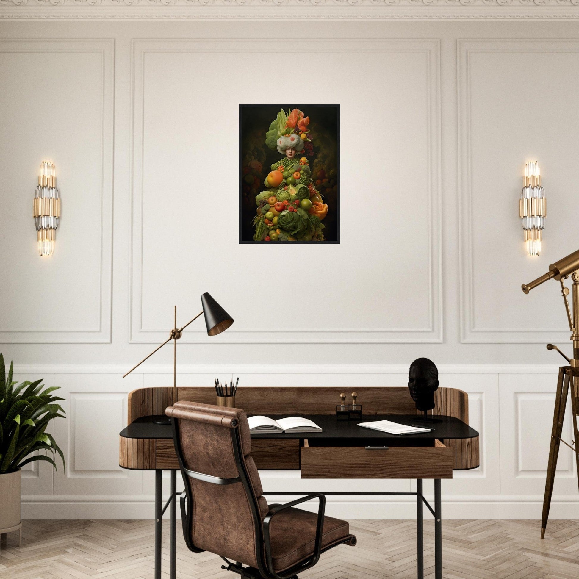 Elegant home office desk with a leather chair and decorative wall art.