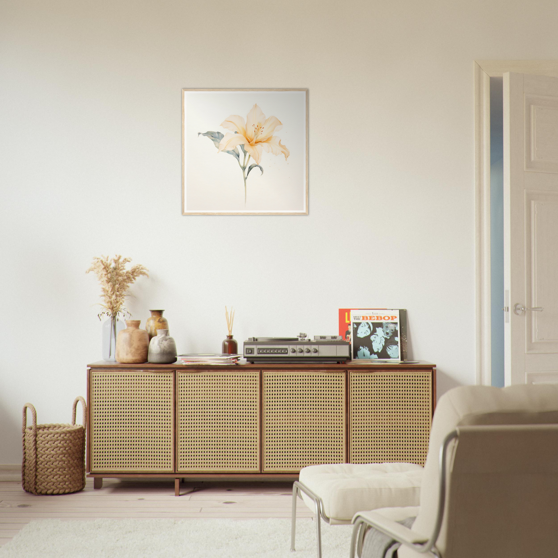 Wooden sideboard with cane-webbed doors and decorative items on top.