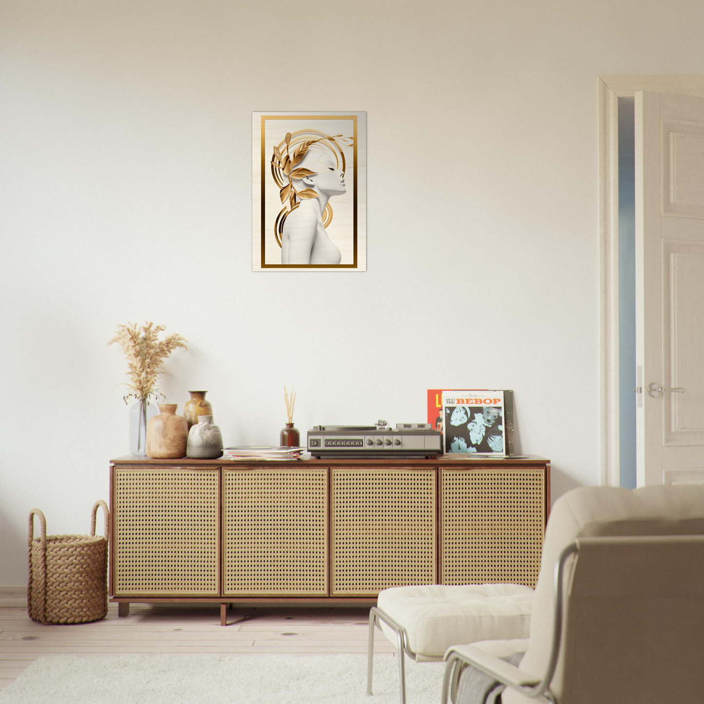 Wooden sideboard with rattan-fronted doors and decorative items on top.