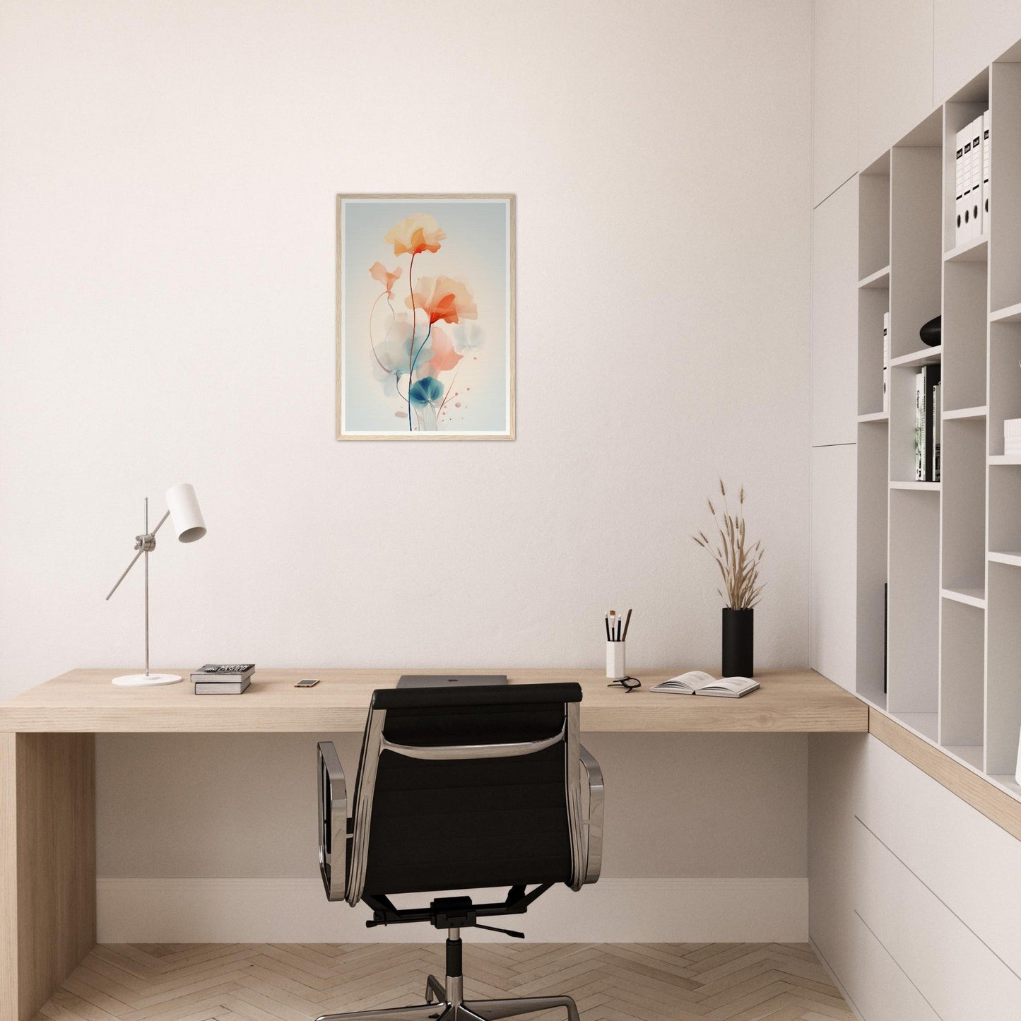 Minimalist home office workspace with a desk, chair, and wall-mounted shelving unit.