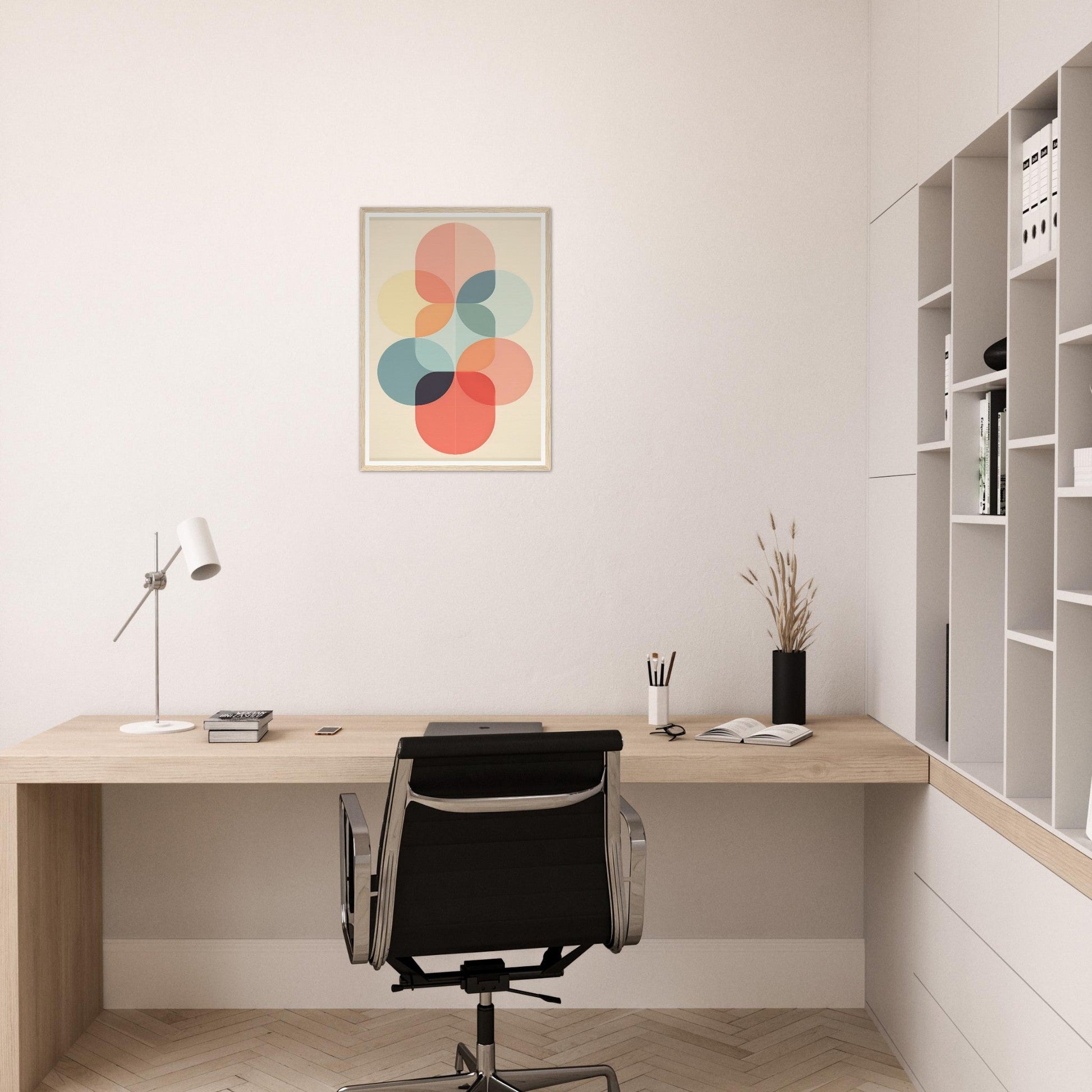 Minimalist home office workspace with a wooden desk, office chair, and abstract wall art.