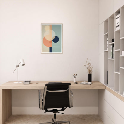 Minimalist wooden desk with a black office chair in front of it.