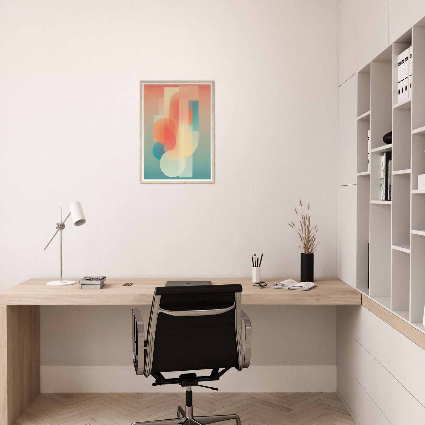 Minimalist home office desk with a black office chair.