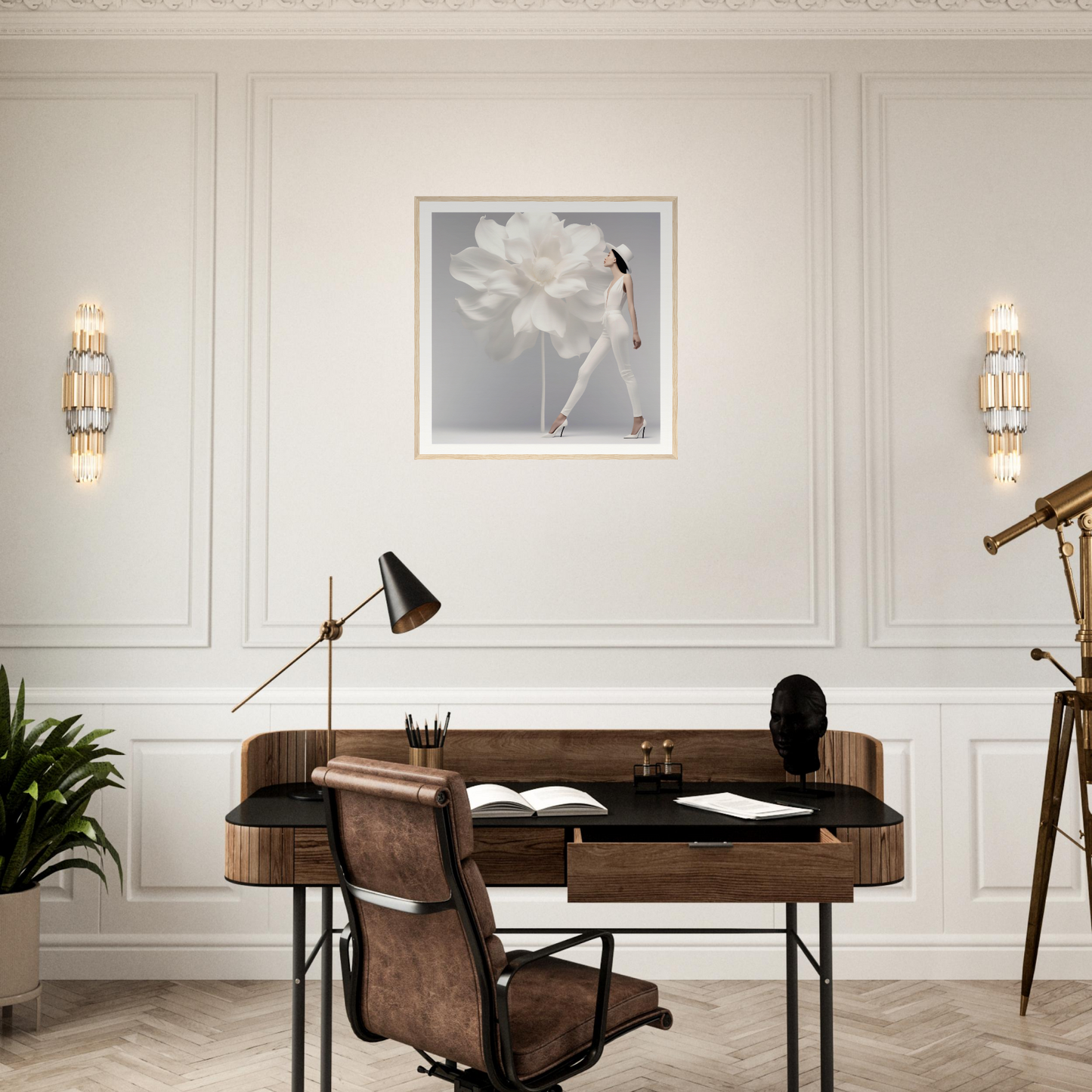 Wooden desk with leather chair in a mid-century modern style.