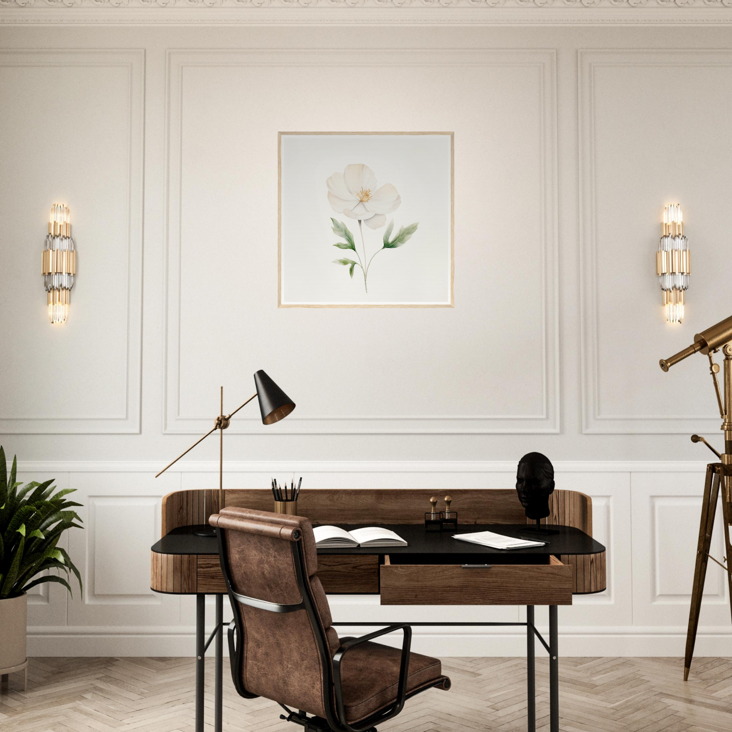 Wooden desk with a curved backrest and leather upholstery.