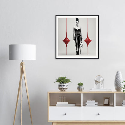 Framed black and white fashion illustration of a woman in an elegant dress with red diamond accents.