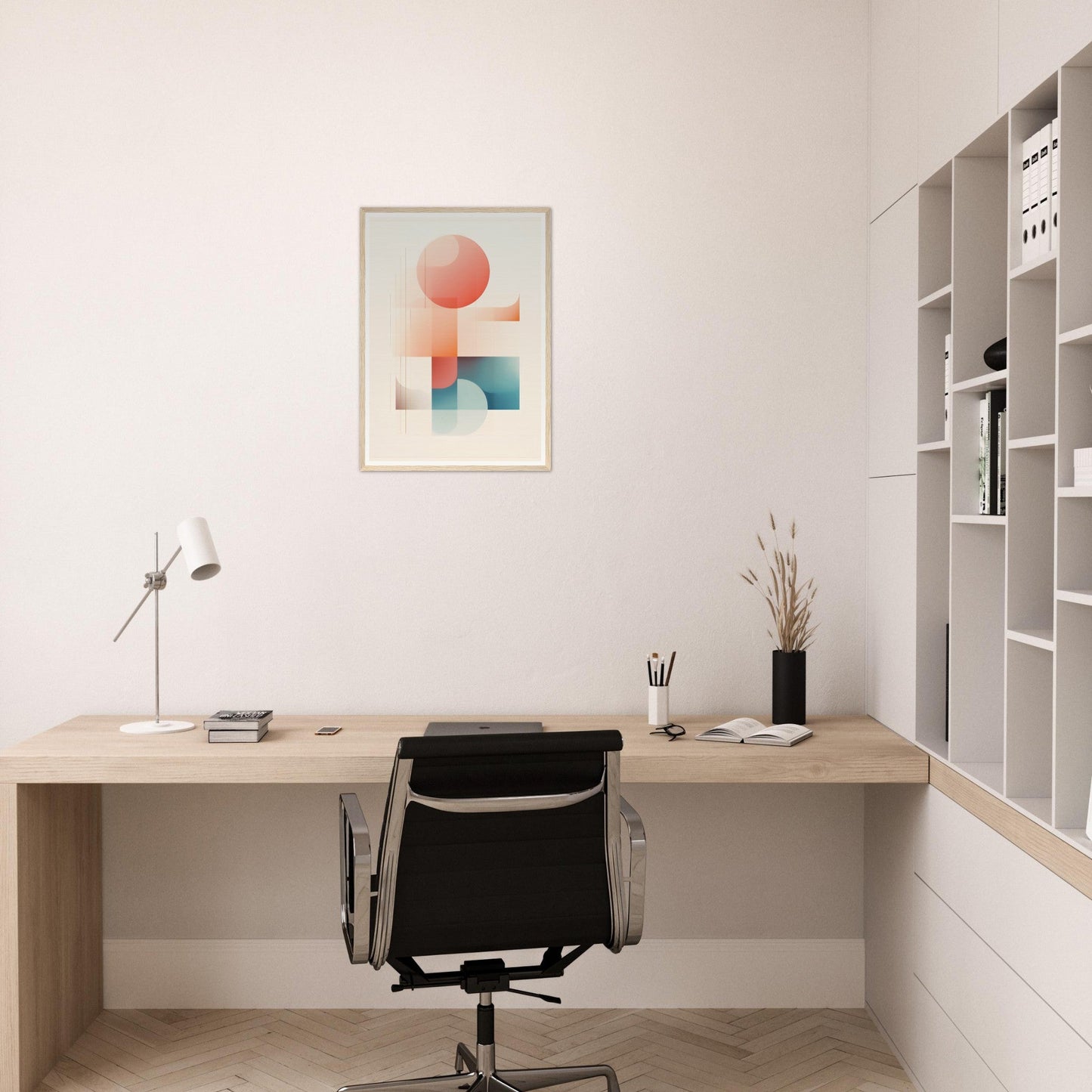 Minimalist home office workspace with a wooden desk, black office chair, and abstract wall art.