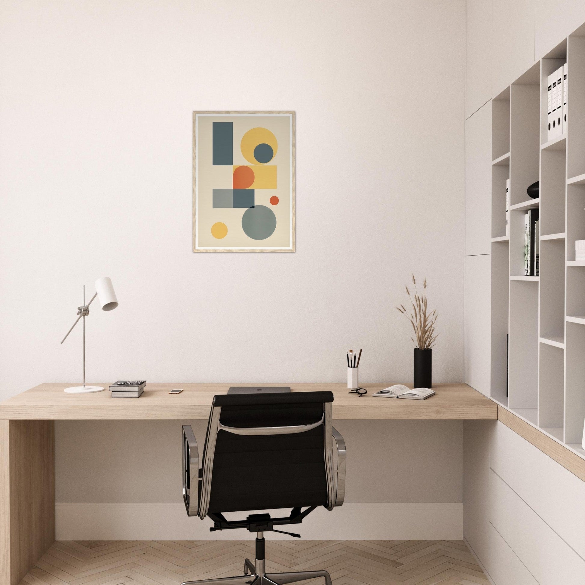 Minimalist home office workspace with a wooden desk, black office chair, and abstract wall art.