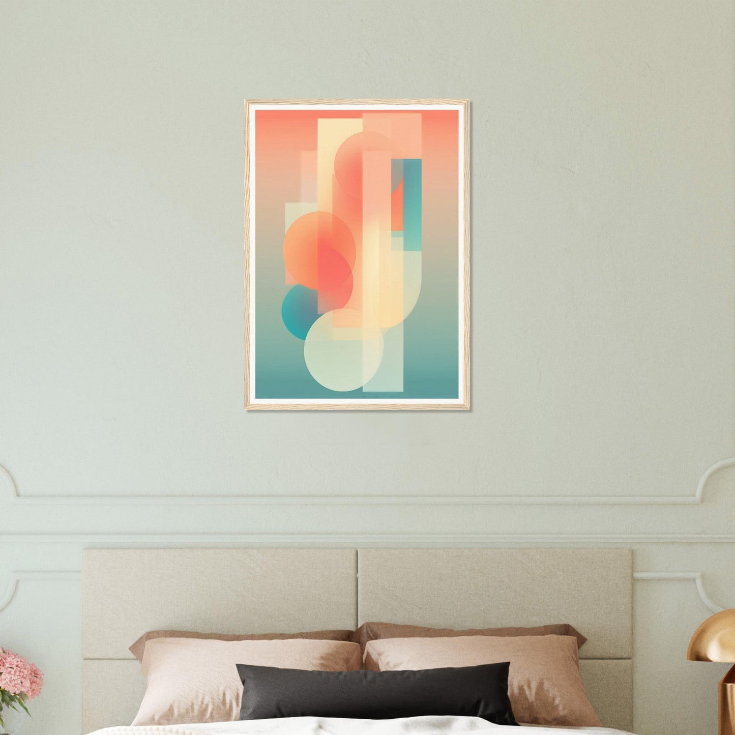 Abstract geometric artwork featuring overlapping pastel shapes and forms.