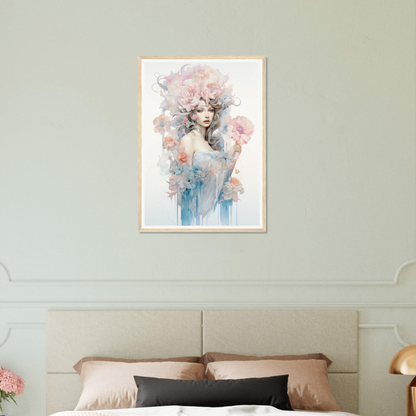 Framed watercolor painting of an ethereal feminine figure with flowing hair and soft pastel colors.