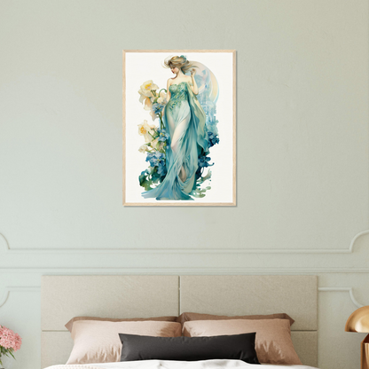 Framed watercolor painting of an elegant woman in a flowing turquoise gown.