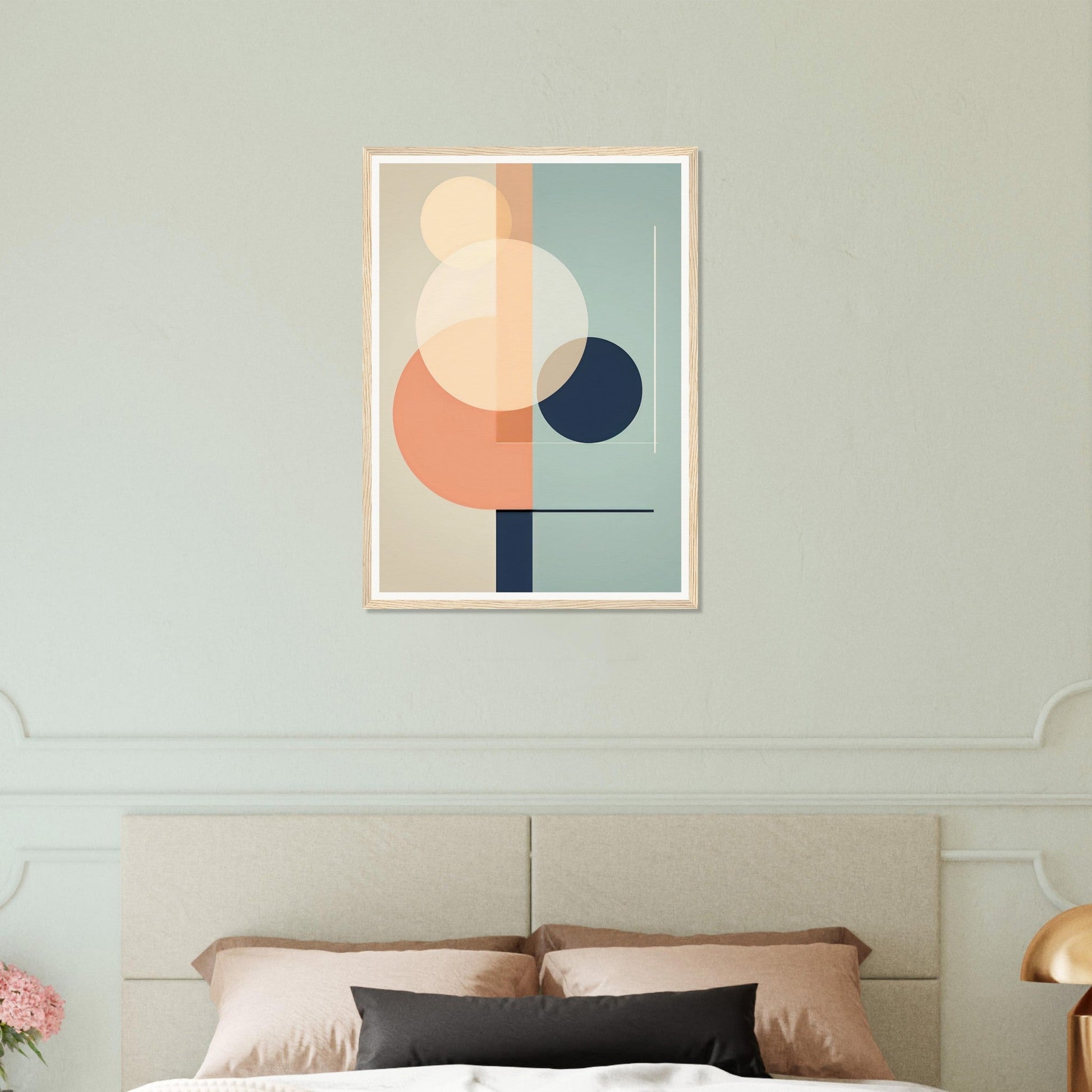 Abstract geometric art print featuring overlapping circles and shapes in muted pastel colors.