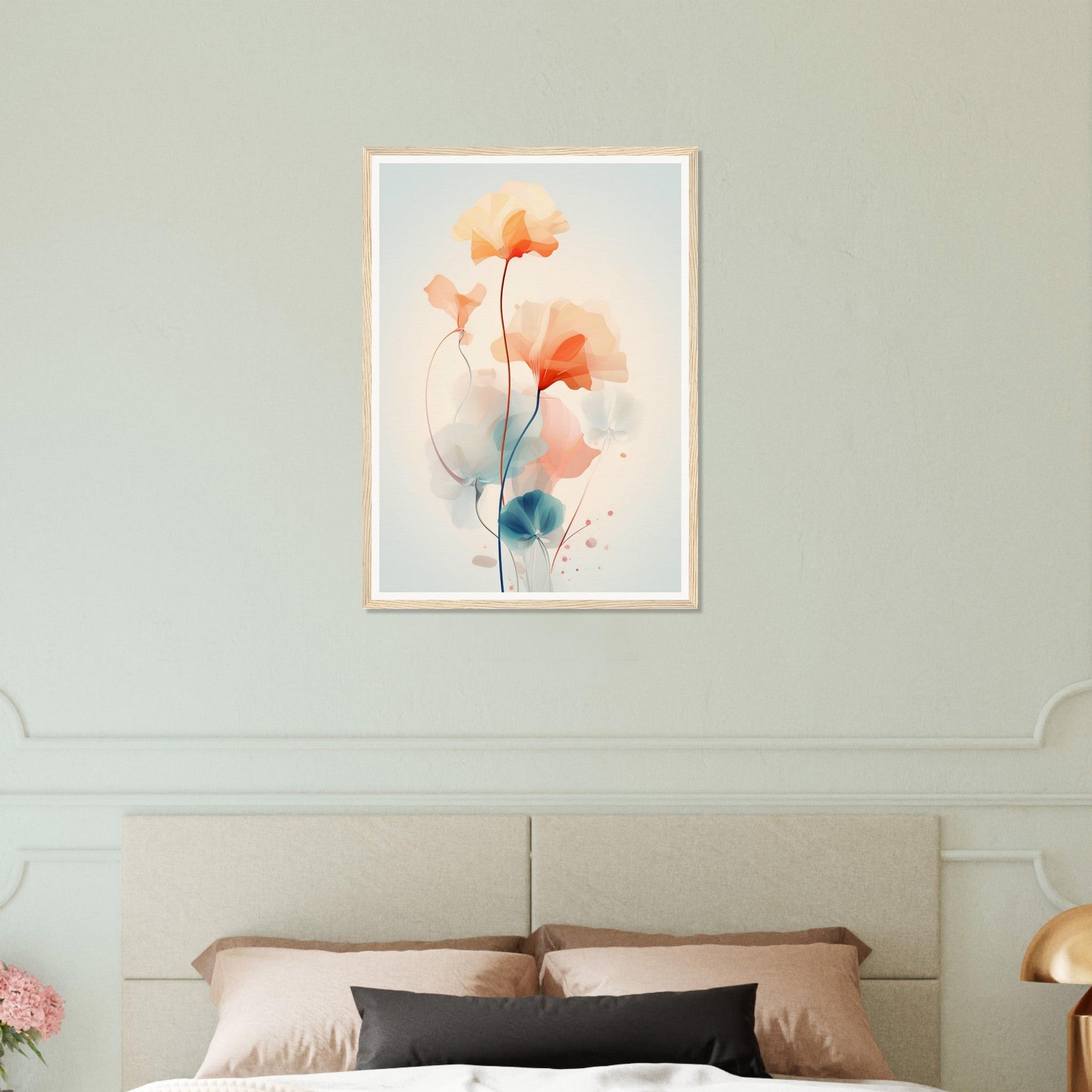 Framed watercolor painting of delicate orange and blue flowers with stems.