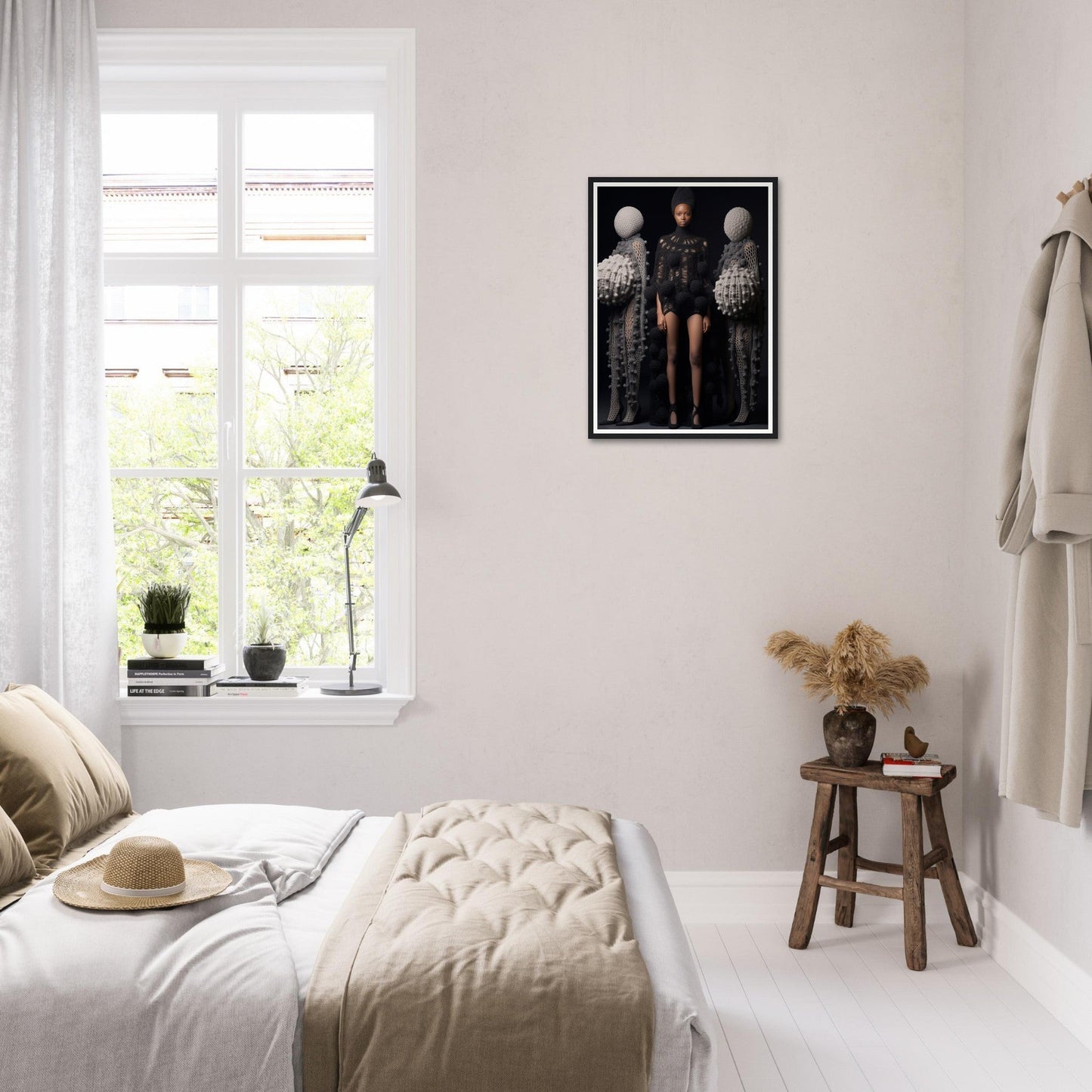 Bright, minimalist bedroom with white walls and bedding.