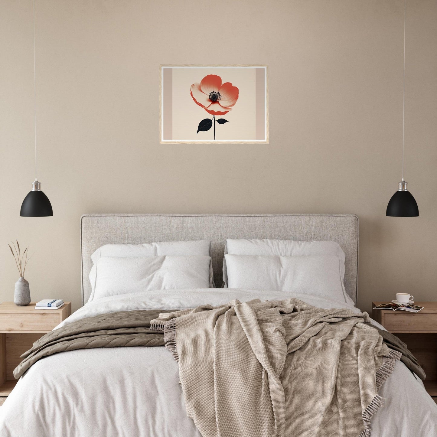 Bed with white linens, tan blanket, and gray headboard beneath floral wall art.