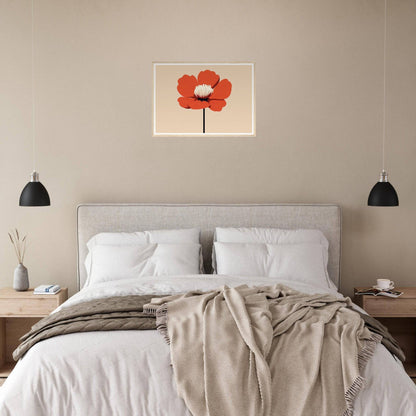 Bedroom with a bed, hanging lamps, and a red flower artwork above the headboard.