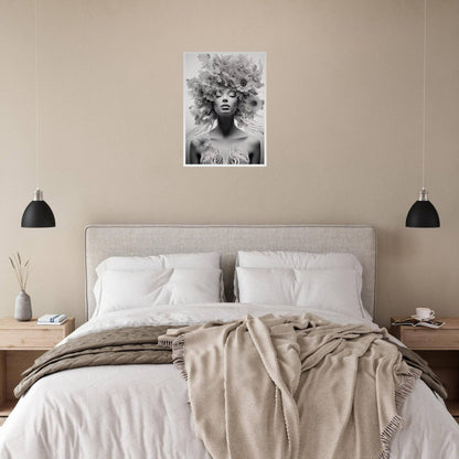 Bedroom with a neutral color scheme and a striking black and white portrait above the bed.