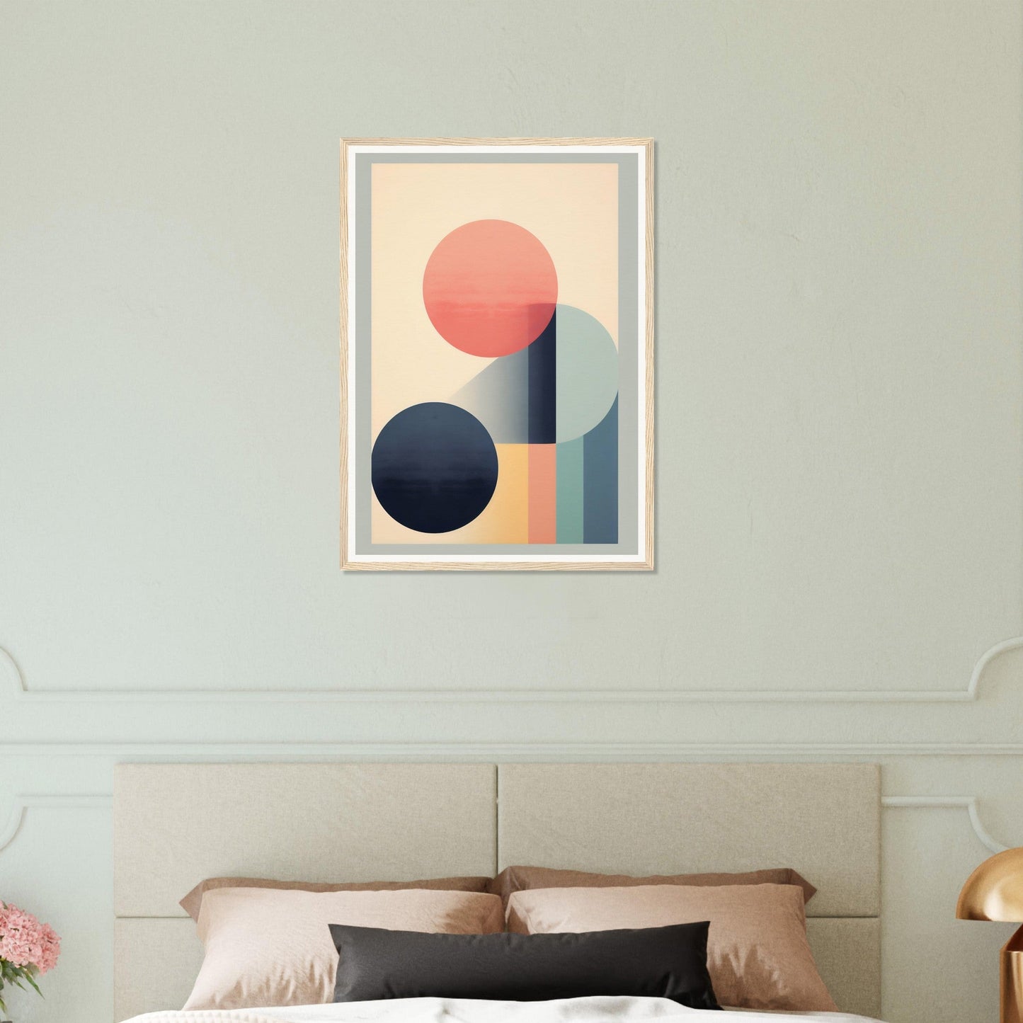 Abstract geometric art print featuring circles and shapes in muted colors.