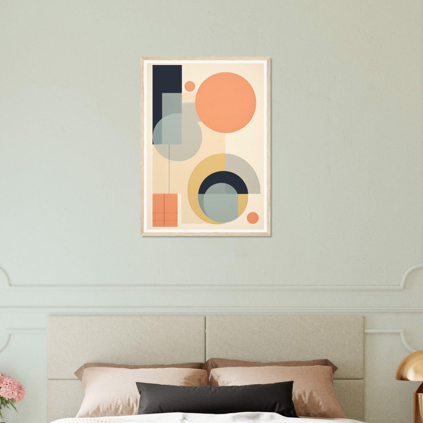 Abstract geometric artwork featuring circles, rectangles, and arcs in muted pastel colors.