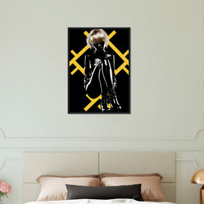 Stylized artwork of a figure in black clothing against a yellow X pattern on a dark background.