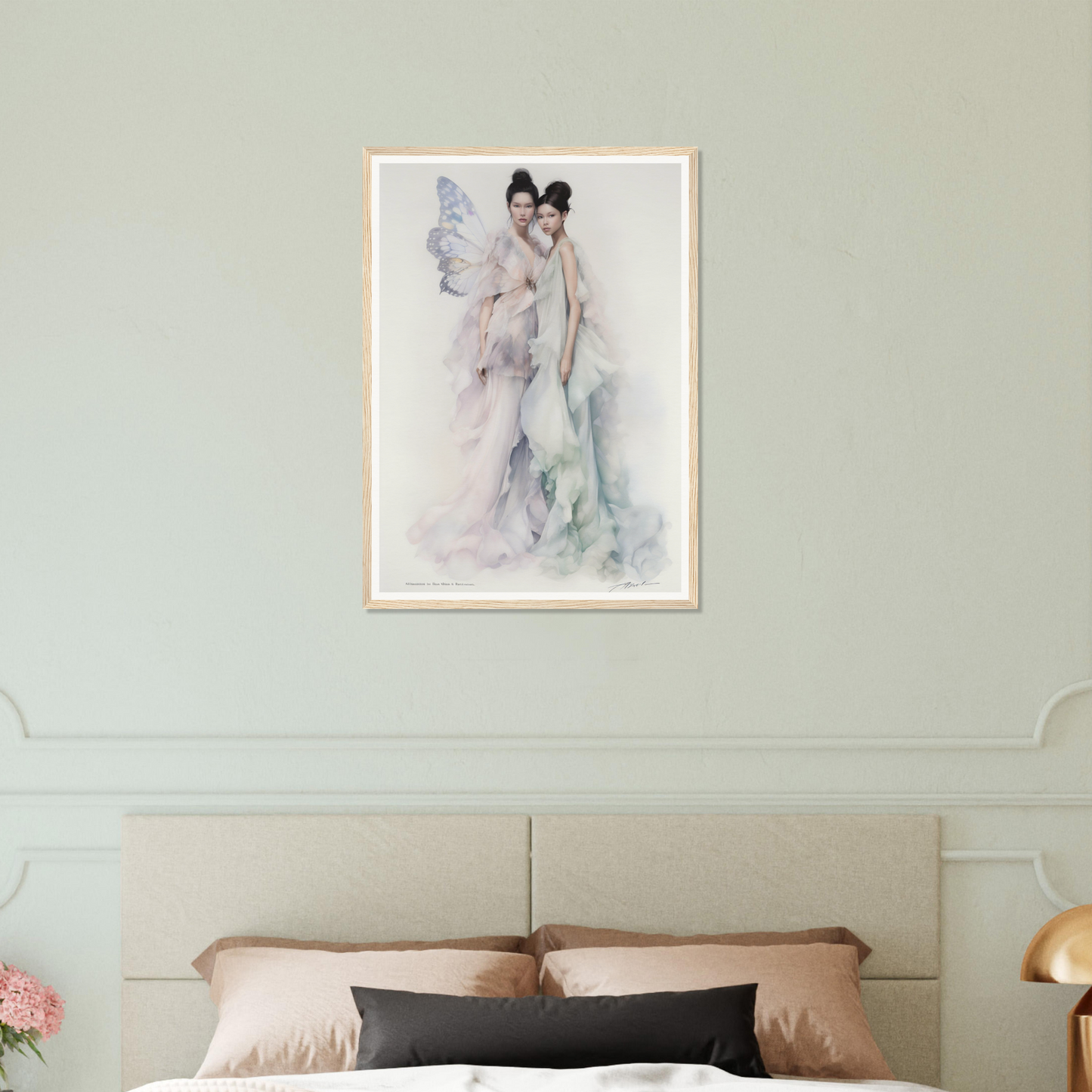 Framed artwork depicting an ethereal figure with wings in soft, pastel colors.