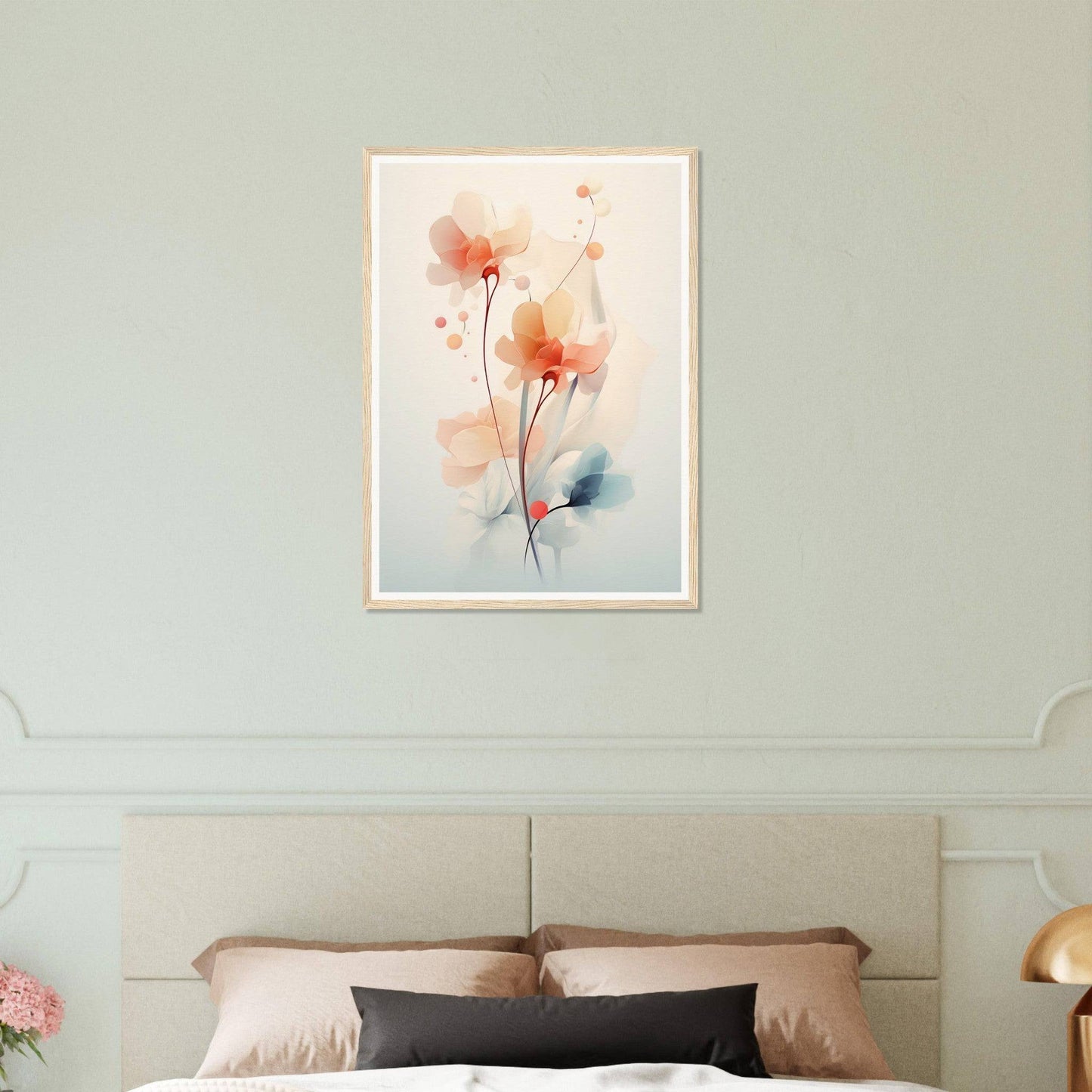 Framed watercolor painting of delicate orange and blue flowers with stems.