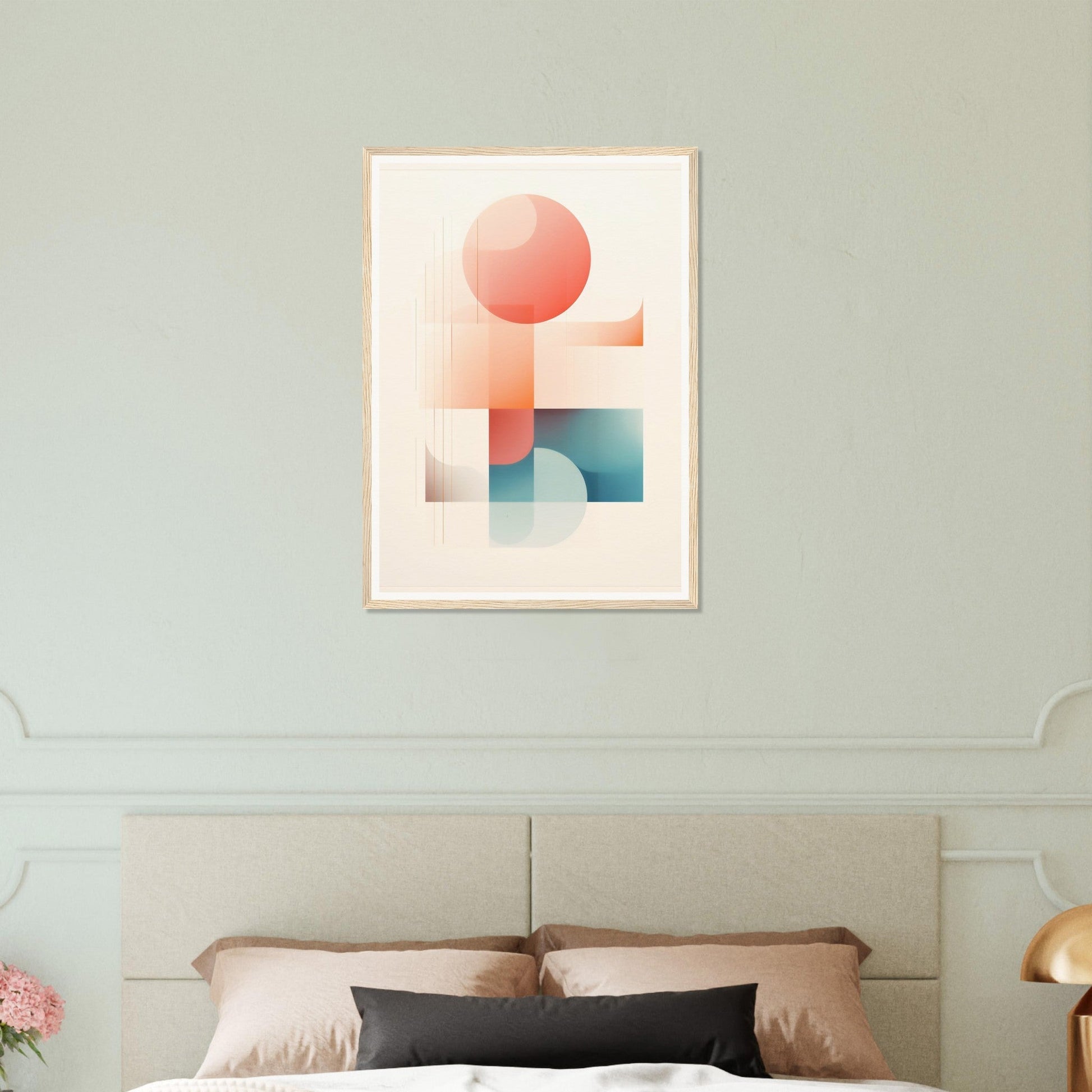 Abstract geometric artwork featuring a red circle and pastel-colored shapes on a white background.