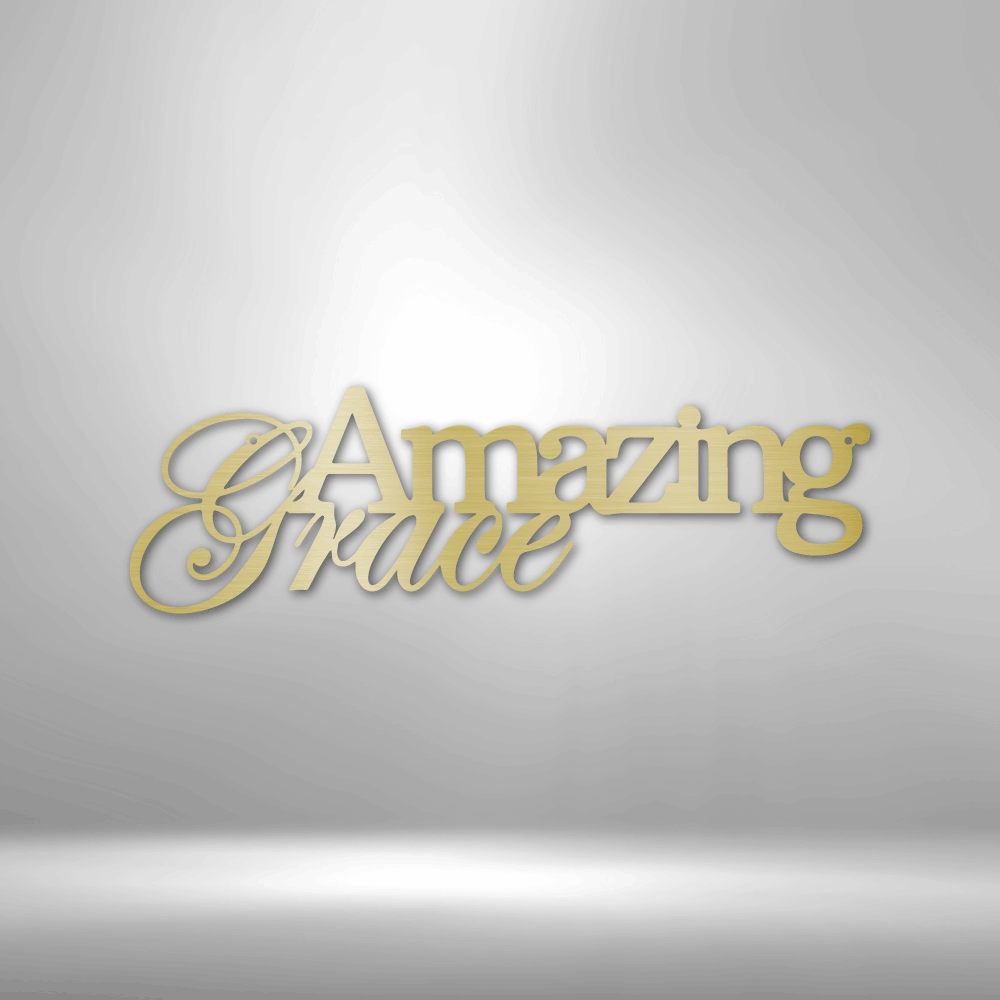 Gold-colored text spelling out ’Amazing Grace’ in an elegant script font.