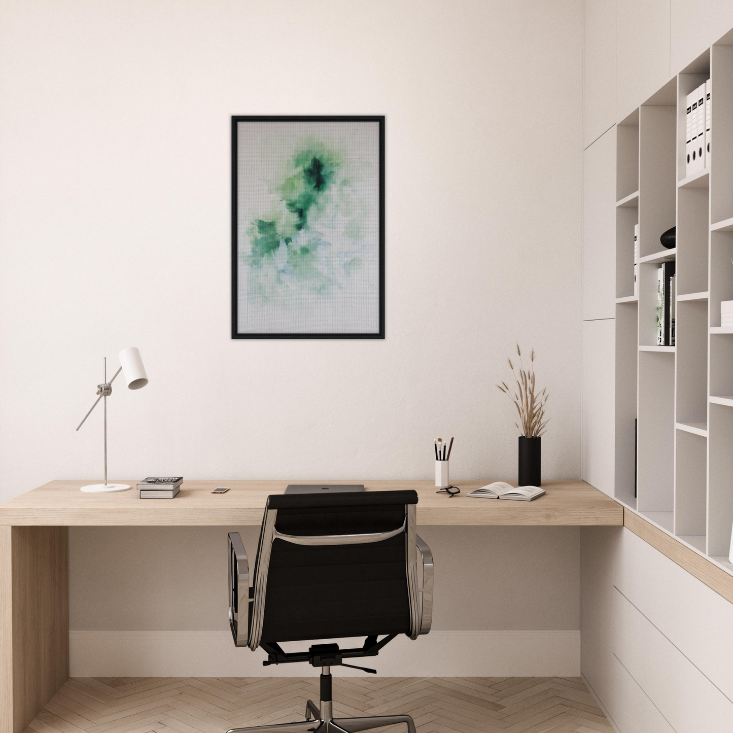 Minimalist home office workspace featuring Genius Green Whirl framed canvas print