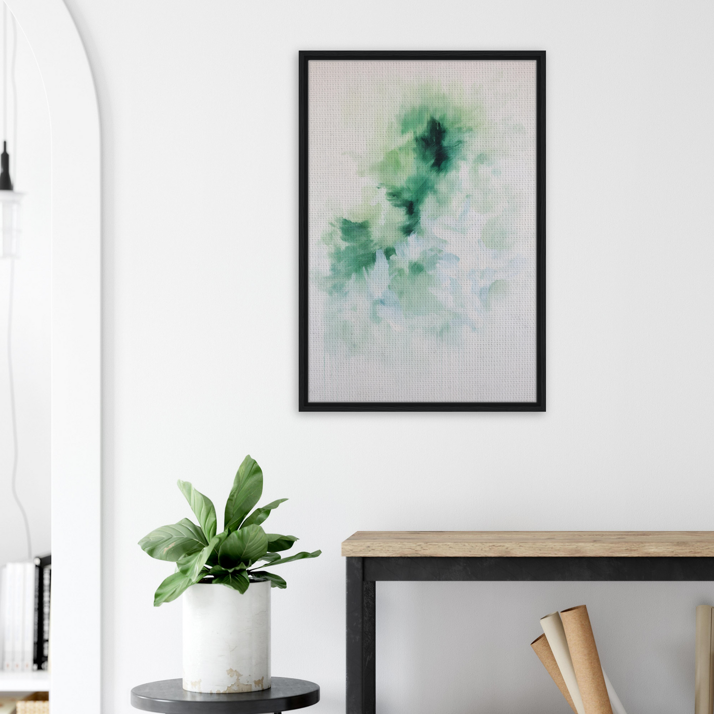 Framed canvas print of Genius Green Whirl featuring abstract watercolor in green hues