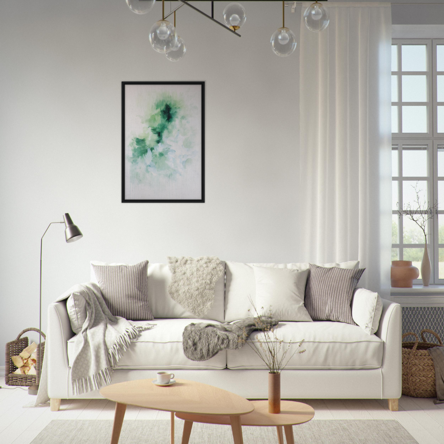 White sofa adorned with neutral-toned pillows, complementing Genius Green Whirl decor