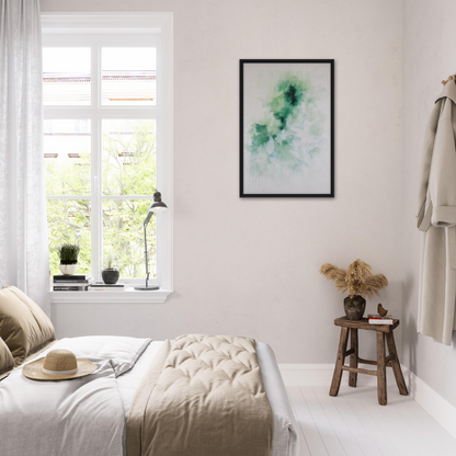 Bright, airy bedroom featuring Genius Green Whirl canvas wall art with minimalist decor