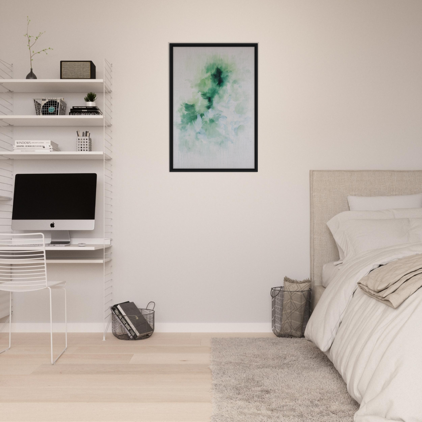 Minimalist bedroom featuring Genius Green Whirl framed canvas print and white walls