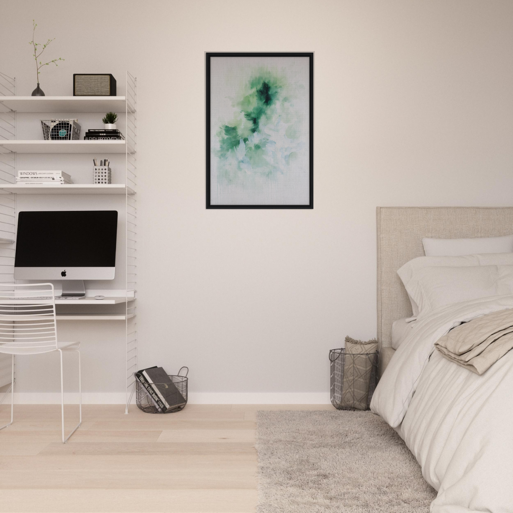 Minimalist bedroom featuring Genius Green Whirl framed canvas print and white walls