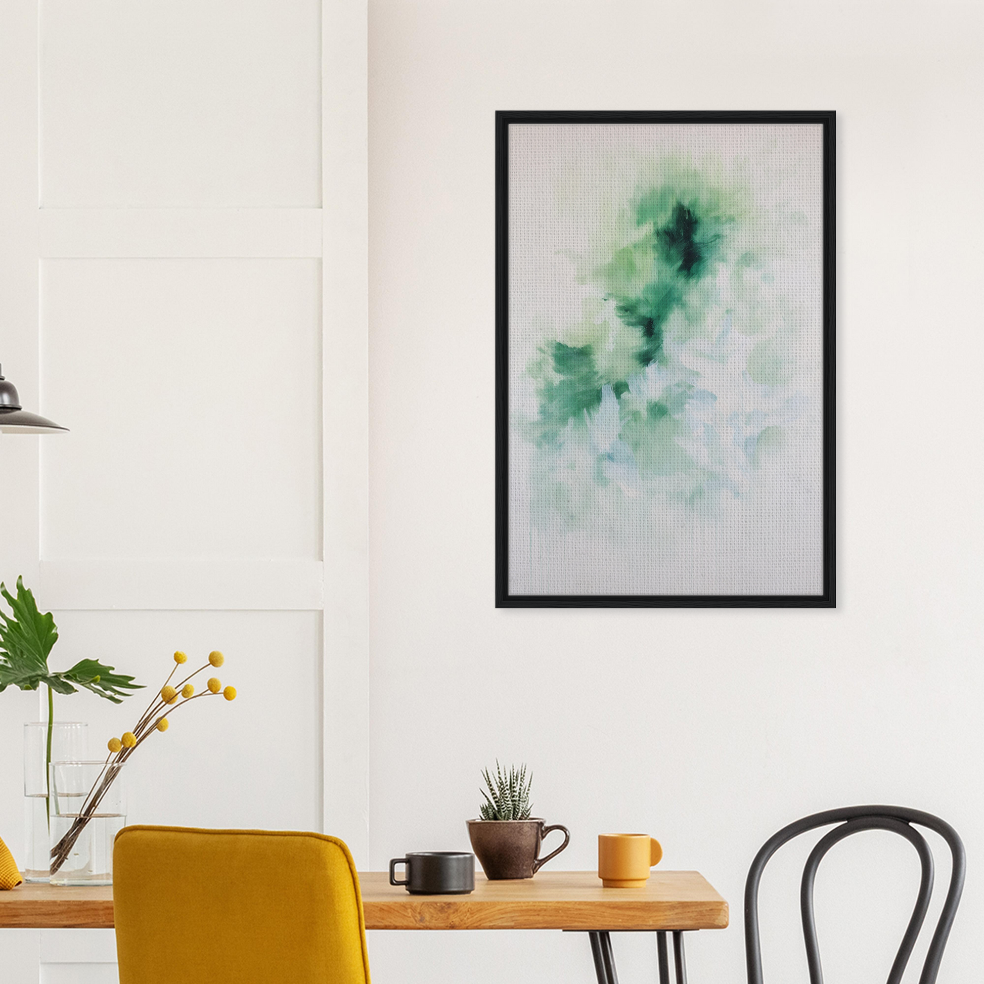 Abstract watercolor painting in green hues showcased in Genius Green Whirl framed canvas print