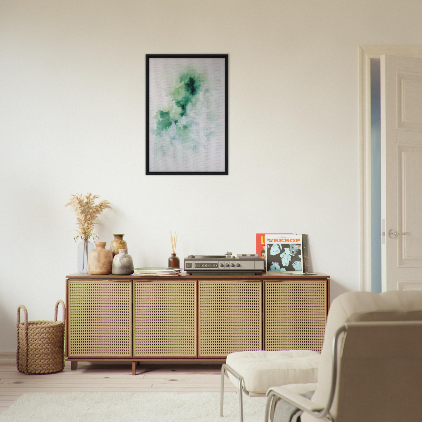 Wooden sideboard with rattan doors and decor atop, perfect for Genius Green Whirl room decor